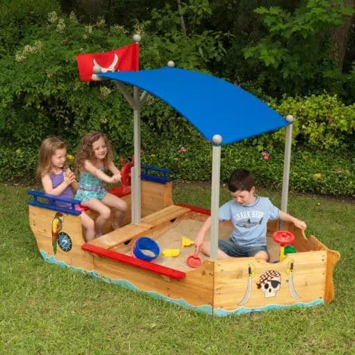 Kidkraft Pirate Sandboat offers a wonderful outdoor play area for kids that triggers their imagination with the colorful design.