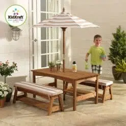 Kidkraft Outdoor Table & Bench Set with Cushions & Umbrella would be perfect for the sunny days and outdoor play. 