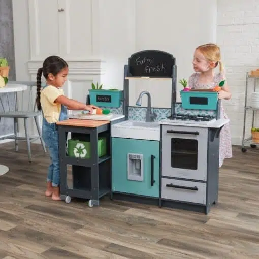 KidKraft Garden Gourmet Play Kitchen celebrates the journey of food from farm to plate.Kids will love working with the "pickable" veggies and herbs