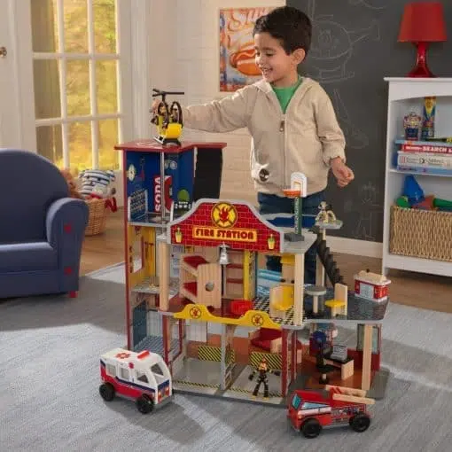Kidkraft Deluxe Fire Station Playset is a sturdy wooden Fire Rescue Play Set, will keep your little heroes entertained for hours.