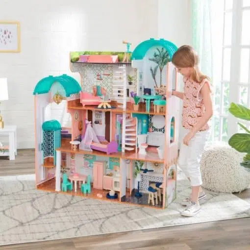 Kidkraft Camila Dollhouse Mansion features an elegant and opulent design with bright vibrant colours providing an exotic residence for all 30 cm Dolls.