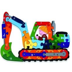 Alphabet Digger Jigsaw, a wonderful construction themed colourful wooden jigsaw, that is a great fun way to familiarize your child with their alphabet.
