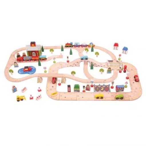 Bigjigs City Road & Railway Set is a 108 Piece wooden train set offering hours of enjoyment and imaginative play,