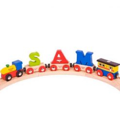 Bigjigs Rail Name Letters carriages are loaded with a brightly coloured wooden letters, with each letter being removable and interchangeable