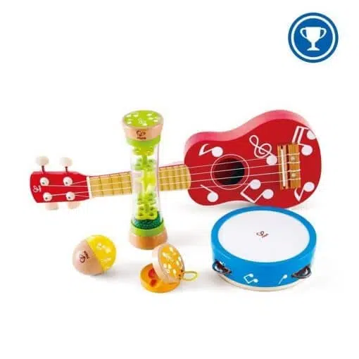 Hape Mini Band, has everything your kids need to form their own band, a ukulele, tambourine, clapper, rattle and rainmaker.