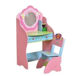 Beautiful pastel pink Childrens Dressing Table & Chair, adorned with, friendly fairy and flowers .