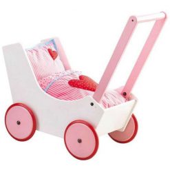 This heirloom quality dolls pram is crafted by Haba from solid beech wood and features a pretty pink and white, non-toxic painted finish