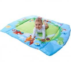 Haba Playmat City is a softly padded activity play mat by Haba features crackling and sliding components, mirror foil, squeaker and rattle ring.