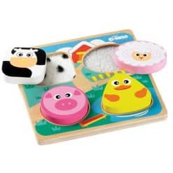 The Tidlo Farm Animals Soft Touch Puzzle features four colourful Farm favourites, a pig, duck, sheep and cow on a sensory puzzle boards great for early development.