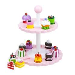 Tidlo High Tea Shape Matching is a beautiful wooden, two tiered cake stand and shape matching tea set with 15 different types of brightly coloured cakes