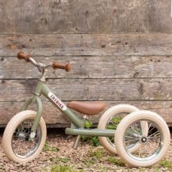 Trybike 2-in-1 Steel Kids Balance Bike in evocative Vintage Green paintwork has been designed and developed  with durable construction,  stunning details and a quality finish