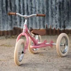 Trybike Vintage Pink Kids Balance Bike has been beautifully made with durable construction, stunning details and a quality finish, with wide inflatable Rubber Tyres that offer your child a more comfortable ride even over rougher surfaces