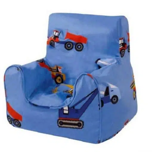 Beanbag Chair - Transportation, a fun bean chair in blue adorned with trucks and diggers, that is ideal for pre-school and nursery aged children