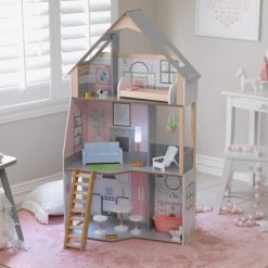 KidKraft Alina Dollhouse is airy and bright, for extreme fun in a small space, the farmhouse-style design is built up, not out, to maximize function and fun. Store accessories in the hidden compartment in the sofa.