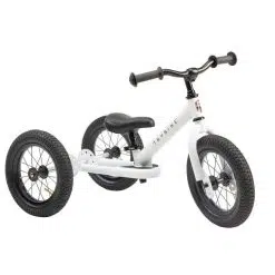 Trybike 2-in-1 Kids Balance Bike has been designed and developed with durable construction, stunning details and a quality White finish, with wide inflatable Rubber Tyres that offer your child a more comfortable ride even over rougher surfaces.