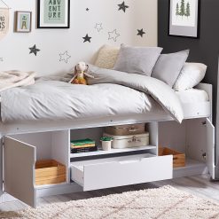 Atom Low Sleeper is a great space saving solution for any kids or teenagers room. Robust and sturdy this full sized single bed provides plentiful storage
