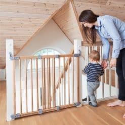 BabyDan Elin Flexifit Wood Safety Gate, is suitable for stairways and doorways, and it offers, one handed operation with full opening