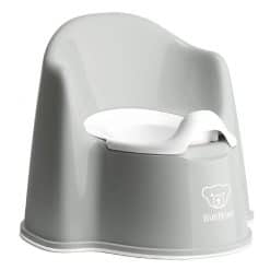 Babybjorn Potty Chair in Grey, an ergonomic potty with high back design with the inner potty having a high splash guard and is easy to remove, empty and clean.