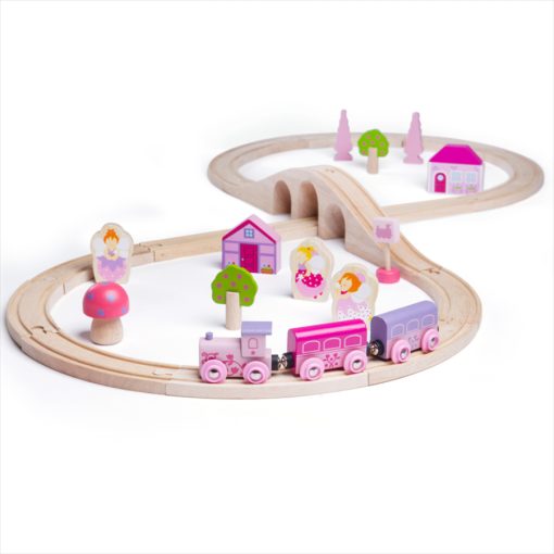 BigJigs Fairy Figure Of Eight Train Set is a wonderfully pretty 35 piece wooden train set in pinks and pastels, with fairy figures