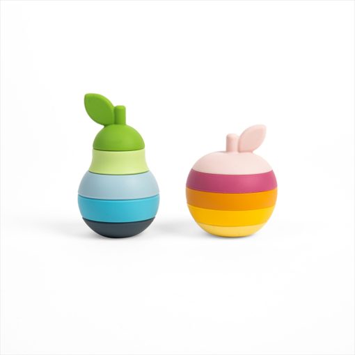 Bigjigs Stacking Apple & Pear, an eco friendly, stackable silicone baby toy, each stacker featuring five colourful pieces in varying sizes, which children can build into their apple and pear shapes.