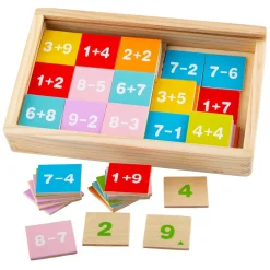 Bigjigs Add and Subtract Box is a brightly coloured wooden educational toy featuring individual wooden tiles, with a combination of addition and subtraction sums from numbers 1-9.