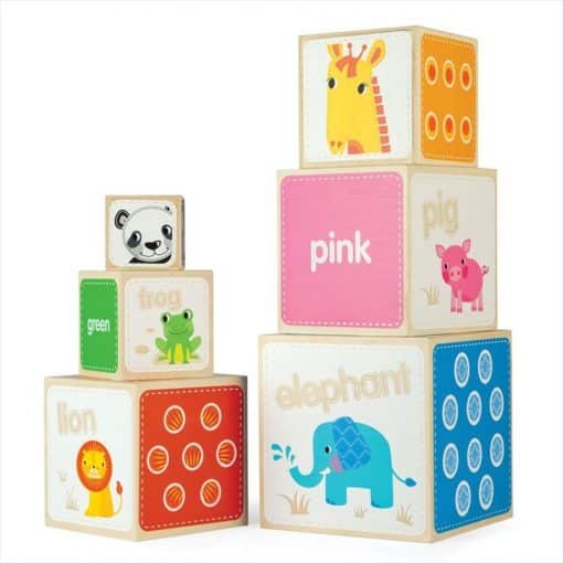 Tidlo Animal Stacking Cubes are graduated in size, and need to be stacked in the correct order, from largest to smallest, to create a tower.