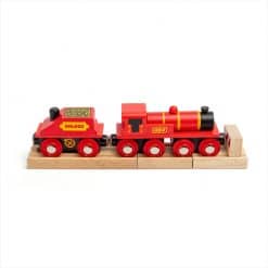 Bigjigs Red Engine & Coal Tender, a lovely big wooden toy train, featuring an engine and a coal wagon with magnetic couplings