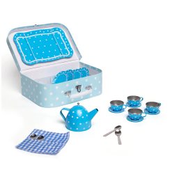 Bigjigs Blue Polka Dot Tin Tea Set is a stylish kids tea set which includes four tin cups and saucers, a teapot and spoons all presented on a matching serving tray.