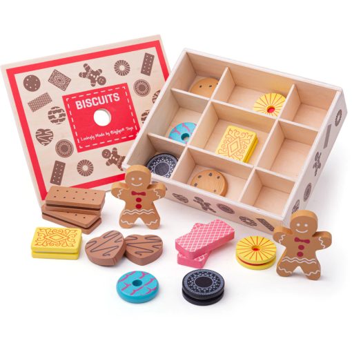 Bigjigs Box of Biscuits is a large wooden box full of delicious treats, including gingerbread men, party rings, custard creams, pink wafers, and much more!