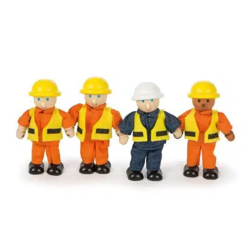 Bigjigs Builders are just what you need to run a construction site, these four builders are all ready to work, all dressed in high visibility jackets