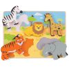 Bigjigs Chunky Lift Out Safari Puzzle features a colourful safari scene with a lift-out zebra, tiger, lion, giraffe and elephant.
