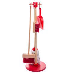 Bigjigs Cleaning Set is a kids wooden cleaning set including a lifelike mop, broom, and dustpan & brush, all supplied on a wooden stand for easy storage.
