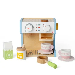 Bigjigs Toys Coffee Maker features an espresso portafilter and two rounds of coffee that can be placed inside for a fresh cup of coffee! It also comes with two cups and saucers, a milk jug and sugar pot with a spoon.