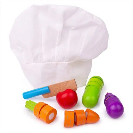 Bigjigs Cutting Vegetables Chef Set is a selection of brightly coloured wooden play food that can be sliced up carefully and accurately with the aid of a wooden knife