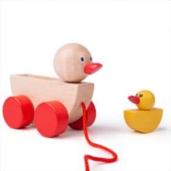 Pull Along Duck & Duckling is a delightful wooden toy with a brightly coloured rope to pull the pair along