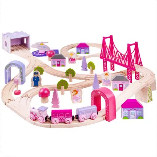 Bigjigs Fairy Town Train Set is a wonderful traditional 75 piece wooden train set in pretty pink and pastel colours