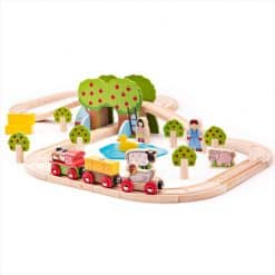 Bigjigs Farm Train Set will provide endless creative play for kids who can drive the farm train through the apple orchards and help the farmer deliver hay bales before stopping for a rest by the duck pond