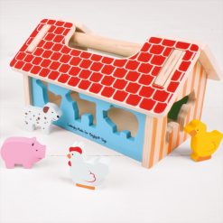 Bigjigs Farmhouse Shape Sorter is a brightly coloured wooden toy shape sorter that will help your little one to discover all the fun of the farm