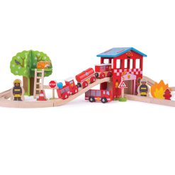 Bigjigs Fire Station Train Set combines two of the most enduring Wooden Toys, Train Sets and Fire Stations. Consists of 39 play pieces