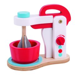 Bigjigs Food Mixer is a realistic wooden toy kitchen accessory that has a whole load of interactive features! an on/off dial, a liftable mixer that rotates