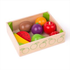 Bigjigs Toys Fruit Crate includes a selection of fruit such as a banana, apple, strawberry, pear, melon and more! a great addition to any budding chefs wooden play kitchen.