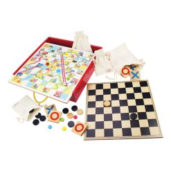 Bigjigs wooden Games Compendium features four traditional Board Games including Snakes and Ladders, Tic Tac Toe, Draughts and Tiddly Winks.