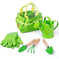 Bigjigs Garden Tool Bag with Accessories is ideal for lively young gardeners, including tools, a watering can, and gardening gloves