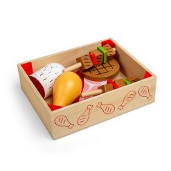 Bigjigs Meat Crate includes a selection of meats such as bacon, steak, sausage, chicken and more! A great addition to any budding chefs wooden play kitchen.
