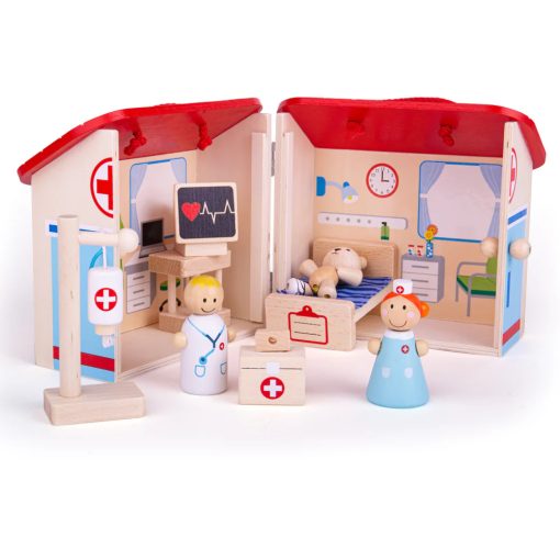 Bigjigs Mini Hospital Playset is a brightly coloured Wooden Toy decorated just like a real hospital and comes complete with a hospital bed, medical drip, heart monitor, bear patient, nurse and doctor.