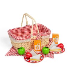 Bigjigs Picnic Basket comes with all the picnic essentials Includes wooden play food, sandwiches, strawberries, apples, orange juice