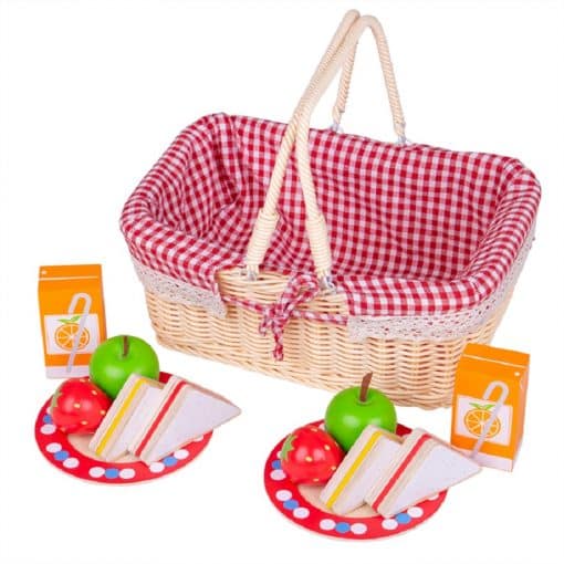 Bigjigs Picnic Basket comes with all the picnic essentials Includes wooden play food, sandwiches, strawberries, apples, orange juice