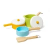 Bigjigs Pots and Pans play set includes Includes 3 pots, 2 lids, and 2 cooking utensils