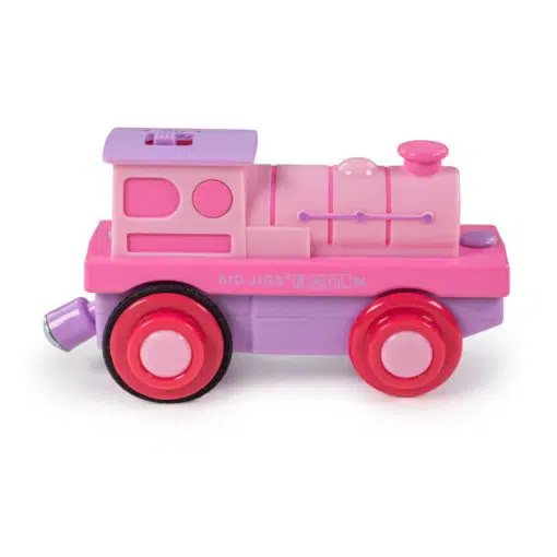 Bigjigs Powerful Pink Loco, a beautiful pretty-in-pink battery powered toy train, that will power up your wooden railway - compatible with most major wooden railway brands