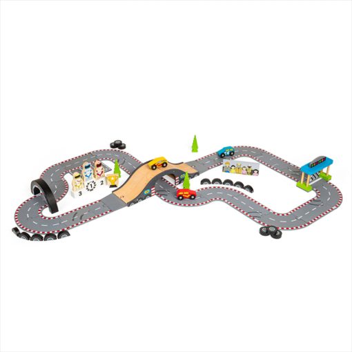 Bigjigs Roadway Race Day Set, an impressive wooden car track is packed with three race cars, three race car drivers, a male & female mechanic, and much more